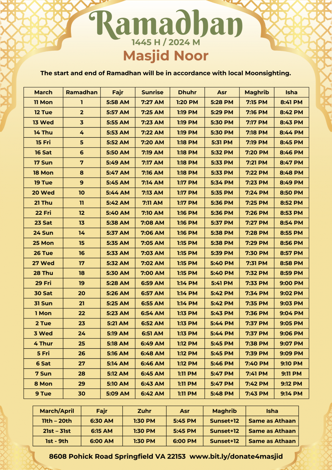 Prayer Schedule – AIM-Masjid Noor